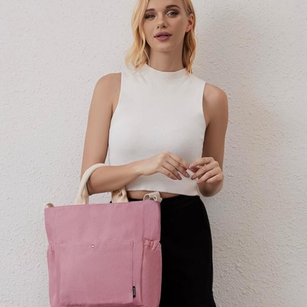 Prite Pink Corduroy Tote Bag Crossbody Hobo Shoulder w/Side Pockets 13x13x5